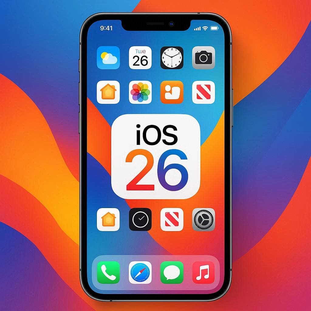 colorful graphic showing phone with iOS26